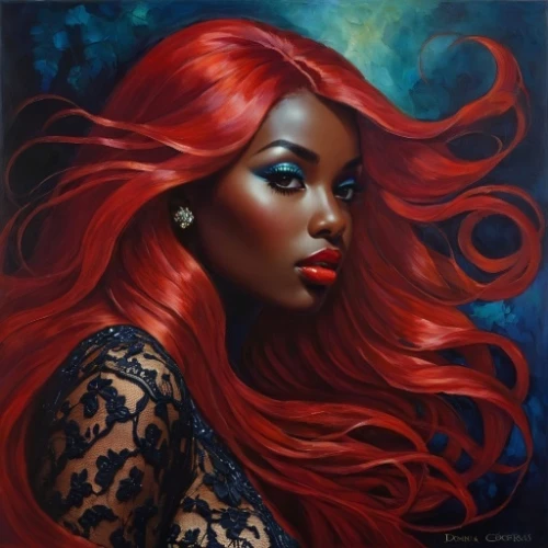 red head,rousse,african american woman,kouroussa,ofili,black woman,fantasy art,oil painting on canvas,african woman,ariel,redhair,red hair,tresses,shades of red,the zodiac sign pisces,mystique,fantasy portrait,ledisi,mystical portrait of a girl,redhead doll