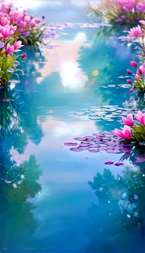 flower water,waterscape,nature background,reflection in water,water lotus,pond flower,landscape background,waterlilies,water scape,water lilies,spring background,water mirror,mirror water,lily pond,water reflection,springtime background,evening lake,pond,pink water lilies,calm water,Conceptual Art,Oil color,Oil Color 22