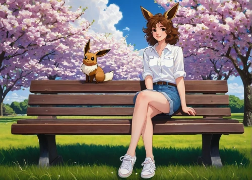 eevee,japanese sakura background,springtime background,park bench,sakura background,spring background,bench,monicagate,aerith,caracal,anime 3d,kazzia,easter background,wooden bench,dressup,kirara,sitting on a chair,fantasy picture,anime cartoon,in the park,Conceptual Art,Sci-Fi,Sci-Fi 21