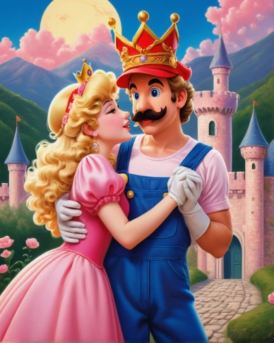 a fairy tale,fairy tale,fairytale,super mario brothers,fairytale characters,mario bros,princedoms,pareja,sleeping beauty castle,marios,couple goal,enamorado,supercouple,princeps,mario,fairy tale icons,otp,prince and princess,plumbers,fairy tale character,Illustration,Retro,Retro 26