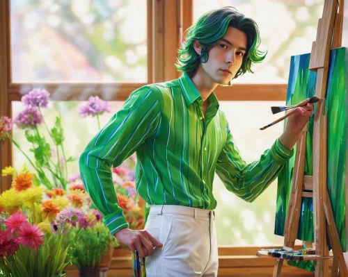 italian painter,mexican painter,painter doll,painter,makishima,male poses for drawing,flower painting,aechmea,roderich,green summer,green,artist color,yibo,artist's mannequin,male elf,shimpei,yuto,green jacket,dandy,adrien,Conceptual Art,Fantasy,Fantasy 19