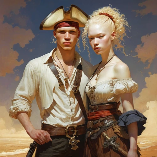 dossi,young couple,piracies,privateers,sailors,vintage boy and girl,pirate,shippen,swashbucklers,townsfolk,shipmates,aveline,pirates,shipwright,seafaring,fantasy portrait,privateering,outlanders,scarlet sail,cyclades,Conceptual Art,Fantasy,Fantasy 18