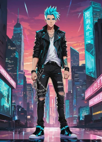 burzenin,atrak,klayton,stylish boy,futurepop,nima,cyberpunks,shadman,cyberpunk,punk,dusk background,kinkade,anime boy,yurko,gangstar,ranmaru,cyan,tasuku,punk design,cyberworld,Illustration,Japanese style,Japanese Style 06