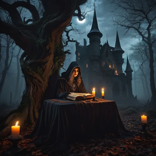 ravenloft,witch house,witchfinder,witch's house,fantasy picture,magick,fortuneteller,bewitching,conjuration,divination,spellcasting,spellbook,scriptorium,lectio,witching,spells,witchery,seance,haunted castle,samhain,Illustration,Vector,Vector 12