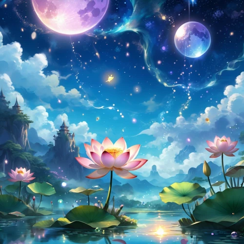 fantasy landscape,moon and star background,mid-autumn festival,fairy world,water lilies,waterlilies,landscape background,water lotus,lotus pond,waterlily,beautiful wallpaper,fantasy picture,fairy galaxy,lily pond,dream world,flower background,lotuses,fairyland,lotus blossom,starry sky,Illustration,Realistic Fantasy,Realistic Fantasy 01