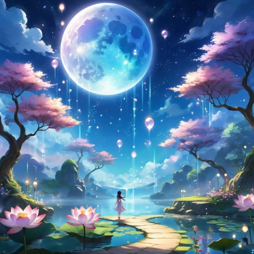 moon and star background,fairy world,fantasy picture,dream world,landscape background,beautiful wallpaper,moonlit night,fantasy landscape,fairy galaxy,children's background,moon and star,dreamscape,cartoon video game background,tanabata,fantasia,stars and moon,moonlit,sakura background,fairyland,moonlight,Illustration,Realistic Fantasy,Realistic Fantasy 01