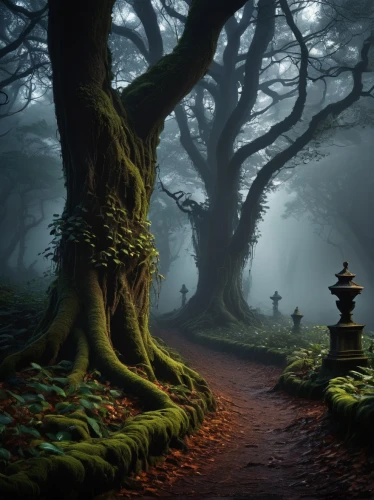 fairy forest,elven forest,fairytale forest,haunted forest,forest path,enchanted forest,the mystical path,moss landscape,foggy forest,forest floor,druidic,mushroom landscape,holy forest,fantasy picture,mirkwood,the forest,fantasy landscape,the roots of trees,druidism,forest dark,Illustration,American Style,American Style 14