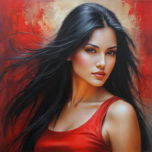 vietnamese woman,romantic portrait,asian woman,elektra,katrina,man in red dress,lady in red,kordic,indian woman,flamenca,oil painting on canvas,arteta,art painting,red background,on a red background,habanera,oil painting,girl portrait,sirotka,red,Conceptual Art,Daily,Daily 32