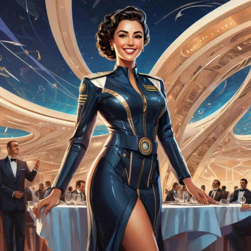 attendant,jadzia,skylon,rocketeer,troi,sci fiction illustration,neerja,eldena,stewardess,selina,zatara,andromeda,kalinda,uhura,contessa,jaya,aoc,art deco woman,askani,navy suit,Conceptual Art,Sci-Fi,Sci-Fi 24