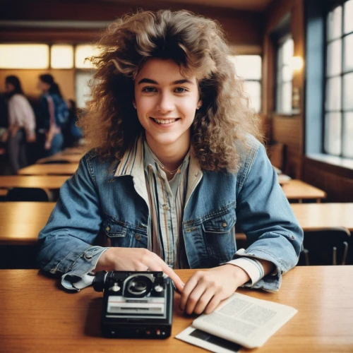 the style of the 80-ies,brooke shields,a girl with a camera,mcstay,friedle,penhall,eleniak,student with mic,eighties,digital camera,videotex,goldbergs,polaroid photos,yashica,venkman,adsit,natko,minolta,walkmans,rangefinder,Illustration,Abstract Fantasy,Abstract Fantasy 01