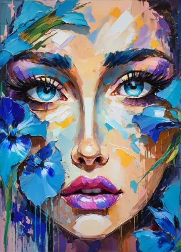 boho art,seni,colorful background,women's eyes,pacitti,woman face,labios,chevrier,blue painting,blue hydrangea,flower painting,woman's face,bohemian art,painting technique,peacock eye,nielly,art painting,blue petals,viveros,colorful floral,Conceptual Art,Oil color,Oil Color 20