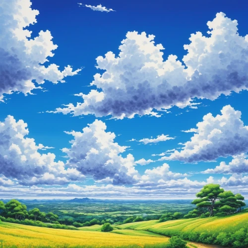 landscape background,blue sky clouds,cartoon video game background,windows wallpaper,high landscape,cloudstreet,meadow landscape,blue sky and clouds,springtime background,nature background,sky,blooming field,sky clouds,panoramic landscape,cloudscape,beautiful landscape,skyscape,cloudmont,cielo,grassfields,Illustration,Japanese style,Japanese Style 05