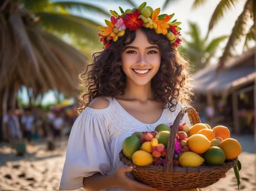 hispaniolan,polynesian girl,hula,frutas,micronesian,mauritian,tahitian,seychellois,balinese,peruvian women,girl in a wreath,beautiful girl with flowers,canarias,sukkot,polynesian,micronesians,tropical fruits,eritrean,maracatu,mauritians,Illustration,Realistic Fantasy,Realistic Fantasy 06