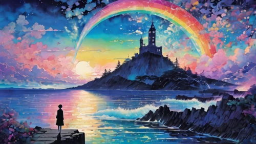 rainbow and stars,rainbow background,unicorn background,wonderlands,dream world,fantasy picture,rainbow at sea,rainbow bridge,dreamscape,unicorn and rainbow,imaginationland,dreamscapes,dreamlands,fantasy world,magical adventure,rainbow,tanabata,dreamland,fairyland,fairy chimney,Illustration,Japanese style,Japanese Style 04