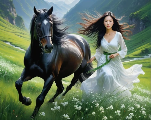 frison,black horse,horsewoman,arabian horse,beautiful horses,a white horse,white horse,fantasy picture,andalusians,horse herder,cheval,epona,horseback,horseriding,white horses,equine,andalusian,fantasy art,quenya,arabians,Conceptual Art,Fantasy,Fantasy 12