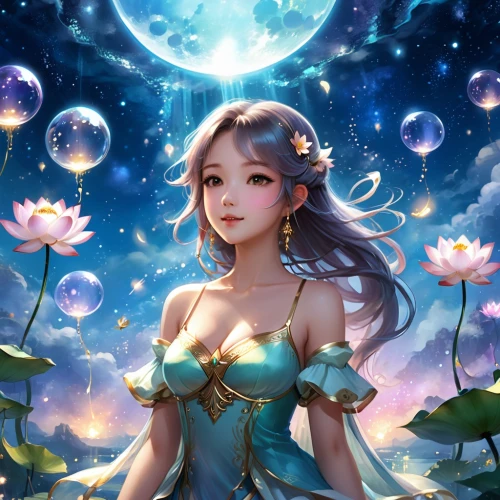 fairie,fairy galaxy,mermaid background,flower fairy,water lotus,sona,fantasy portrait,zodiac sign libra,moon and star background,faerie,cielo,fairy,rosa 'the fairy,janna,moonflower,jasmine blossom,nami,lumi,fairy world,stars and moon,Illustration,Realistic Fantasy,Realistic Fantasy 01