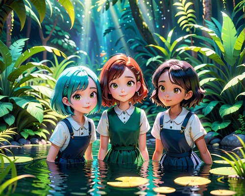 sirens,scandia gnomes,little world,fairy world,oasis,3d fantasy,lily pond,green waterfall,lilies of the valley,studio ghibli,world digital painting,printemps,ghibli,green garden,fairy forest,verdant,polyneices,tiny world,kids illustration,trio,Anime,Anime,Cartoon