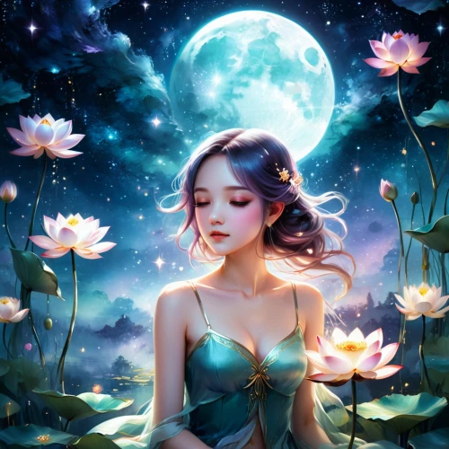 moonflower,blue moon rose,fairie,lotus blossom,moonlit night,selene,faerie,night-blooming jasmine,moonchild,flower fairy,moonlit,water lotus,fantasy picture,moon and star background,moonbeams,diwata,moonlight,faery,jasmine blossom,rosa 'the fairy,Illustration,Realistic Fantasy,Realistic Fantasy 15