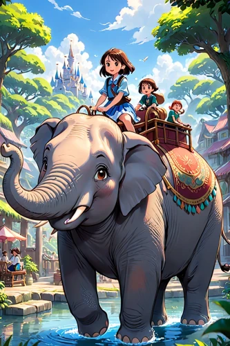 elephant ride,shanghai disney,agrabah,cartoon elephants,disneytoon,disneyland park,zookeeper,disney land,storyland,disneyfied,girl elephant,frontierland,game illustration,elephunk,animal kingdom,adventureland,tantor,disneynature,eurodisney,children's background,Anime,Anime,Traditional