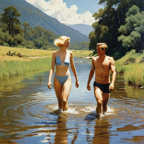 the blonde in the river,bathers,fischl,adam and eve,naturists,mcginnis,swimming people,naturism,daines,heatherley,young couple,thermal spring,marcuse,colville,mcconaghy,chudinov,struzan,girl and boy outdoor,oil painting,goodall,Illustration,Paper based,Paper Based 12