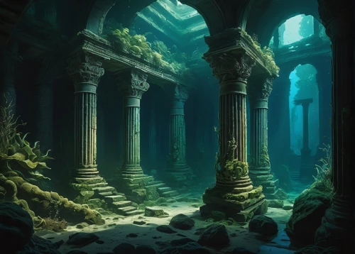 sunken church,pillars,underwater landscape,underwater oasis,columns,underwater background,ancient city,underwater playground,ocean floor,aquarium,undersea,ruins,labyrinthian,depths,hall of the fallen,atlantis,columned,ocean underwater,mausoleum ruins,underwater world,Art,Classical Oil Painting,Classical Oil Painting 33