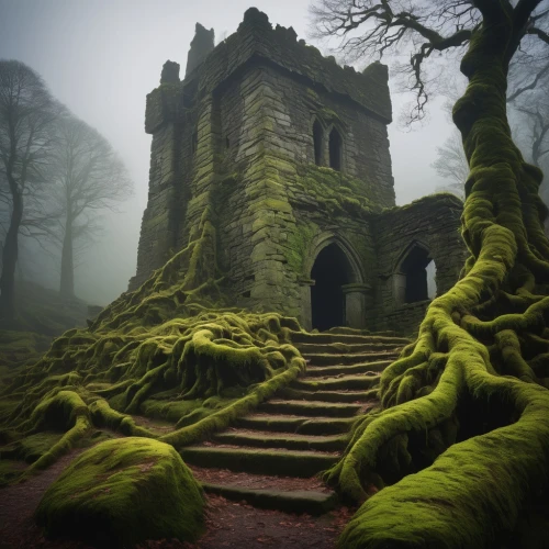 moss landscape,ghost castle,witch's house,haunted castle,haunted cathedral,forest chapel,witch house,sunken church,fairytale castle,mossy,castle ruins,abandoned places,abandoned place,ruined castle,ancient ruins,moss,northern ireland,haunted forest,fairy tale castle,forest moss,Art,Artistic Painting,Artistic Painting 21