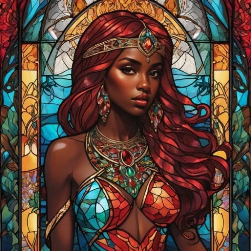 stained glass,fantasy art,stained glass window,fantasy woman,prophetess,celtic queen,stained glass windows,african american woman,niobe,bohemian art,ariel,kemet,oshun,sorceress,zipporah,priestess,boho art style,starfire,fantasy portrait,tuatha