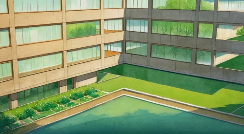 shinbo,an apartment,apartment block,apartment complex,swimming pool,apartment building,ryokans,hisao,nodame,outdoor pool,roof top pool,waterplace,hotspring,onsen,infinity swimming pool,kotoko,grass roof,apartment blocks,apartment,sky apartment,Illustration,Paper based,Paper Based 07
