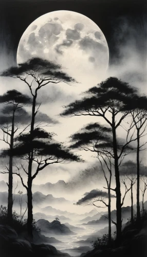burchfield,lunar landscape,moonglow,moonlit night,moonscape,black landscape,moonesinghe,moonsorrow,moonlit,moonscapes,zambezian,halloween bare trees,cool woodblock images,full moon,moon valley,jianfeng,moonshadow,night scene,ghost forest,baobabs,Illustration,Abstract Fantasy,Abstract Fantasy 19