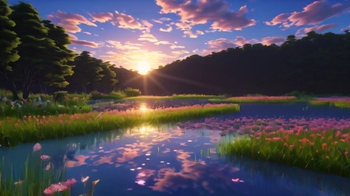 meadow landscape,nature wallpaper,evening lake,landscape background,purple landscape,nature landscape,fantasy landscape,pond flower,virtual landscape,beautiful landscape,nature background,full hd wallpaper,meadow in pastel,waterlilies,river landscape,waterscape,landscape nature,salt meadow landscape,beauty scene,pond,Illustration,Japanese style,Japanese Style 05