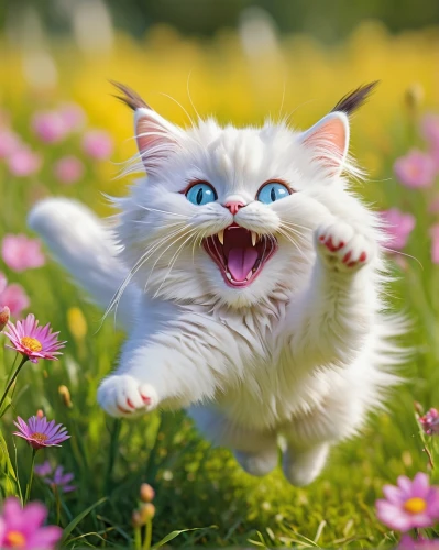 funny cat,flower cat,blossom kitten,cute cat,blue eyes cat,cat with blue eyes,white cat,cat on a blue background,exuberance,cheerfulness,snowbell,cat image,mow,felids,birman,leap for joy,frolicking,ragdoll,cat pageant,wild cat,Unique,3D,Modern Sculpture