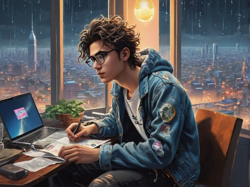 man with a computer,night administrator,computerologist,sci fiction illustration,world digital painting,ayoade,coder,cyberpunk,computer addiction,game illustration,computer freak,illustrator,akira,computer,kamurocho,librarian,computer graphic,computer business,programmer,sinjin,Illustration,Realistic Fantasy,Realistic Fantasy 43