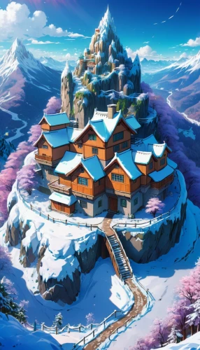 alpine village,snow house,mountain village,mountain settlement,snow mountain,snow roof,korean village snow,summit castle,mountain huts,house in mountains,ski resort,winter village,igloos,snowville,house in the mountains,winter house,santa's village,snow mountains,skylands,snow landscape,Illustration,Japanese style,Japanese Style 03