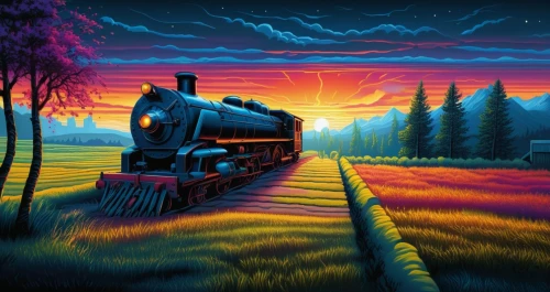 train,the train,train of thought,eisenbahn,steam train,train ride,railroad,wooden train,amtrak,trainmaster,ghost locomotive,oil painting on canvas,purple landscape,last train,steam locomotive,art painting,railways,train route,train way,railway,Illustration,Realistic Fantasy,Realistic Fantasy 25