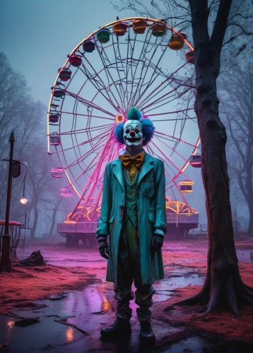 horrorland,horror clown,creepy clown,scary clown,klowns,westonzoyland,joyland,dark park,prater,walibi,amusement park,frightfest,fairground,pennywise,neon carnival brasil,funhouse,cirkus,frightmare,playland,funfair,Illustration,Realistic Fantasy,Realistic Fantasy 23
