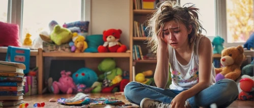depressed woman,worried girl,boyhood,teddy bear crying,children's toys,the little girl's room,children toys,sad woman,pmdd,stressed woman,neurodevelopmental,sadness,stuff toys,dysthymia,hypomania,anxiety disorder,distraught,sad,demobilised,mutism,Art,Classical Oil Painting,Classical Oil Painting 14