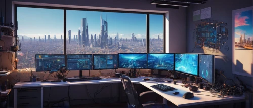 coruscant,computer room,cybercity,cybertown,modern office,the server room,cybercafes,megacorporation,sky apartment,cyberscene,cyberpunk,computer workstation,coruscating,cyberport,futuristic landscape,fractal design,cyberworld,blur office background,cyberview,pc tower,Illustration,Realistic Fantasy,Realistic Fantasy 22