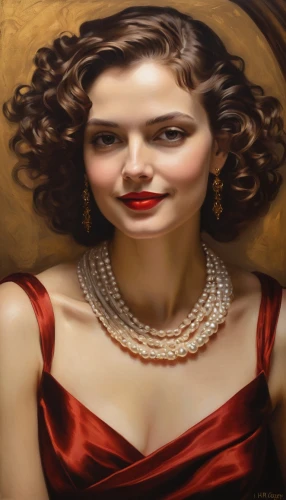 art deco woman,pearl necklace,vintage woman,duchesse,vintage female portrait,noblewoman,viveros,jeweller,tretchikoff,oil painting,dennings,contessa,romantic portrait,woman portrait,oil painting on canvas,world digital painting,lady in red,drusilla,currin,condita,Conceptual Art,Sci-Fi,Sci-Fi 02