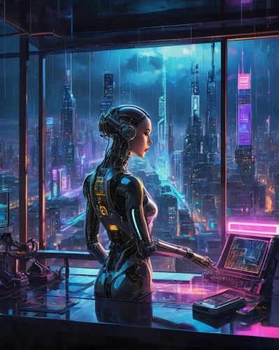 cyberpunk,cyberia,cyberpunks,cybertown,cybercity,cyberworld,shadowrun,cyberport,cyberscene,synth,cybertrader,neuromancer,girl at the computer,cyberangels,sci fiction illustration,cybersquatters,cyber,cybernet,futuristic landscape,cyberview,Conceptual Art,Oil color,Oil Color 24