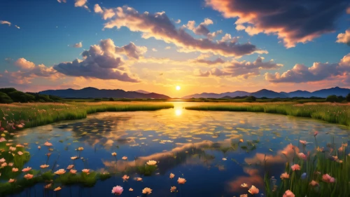 landscape background,nature background,nature wallpaper,beautiful landscape,sun reflection,windows wallpaper,meadow landscape,landscapes beautiful,nature landscape,background view nature,full hd wallpaper,mirror in the meadow,natural scenery,landscape nature,beautiful lake,beautiful nature,sunburst background,the natural scenery,tranquility,golden sun,Illustration,Japanese style,Japanese Style 05