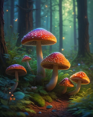 mushroom landscape,forest mushrooms,toadstools,forest mushroom,fairy forest,mushrooms,mushroom island,forest floor,agarics,fairytale forest,mycena,toadstool,shrooms,edible mushrooms,fungi,mushroom type,umbrella mushrooms,tree mushroom,funguses,red mushroom,Illustration,Realistic Fantasy,Realistic Fantasy 27