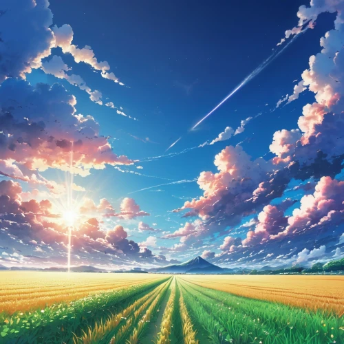 landscape background,windows wallpaper,nature background,summer sky,heavenward,sunburst background,sky,blooming field,cloudstreet,meadow landscape,beautiful landscape,cloudlike,spring background,nature wallpaper,skyscape,blue sky clouds,beautiful wallpaper,dreamscape,sky clouds,springtime background,Illustration,Japanese style,Japanese Style 04