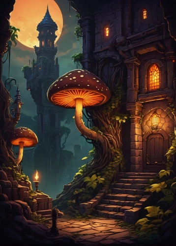 mushroom landscape,mushroom island,halloween background,witch's house,castlevania,fairy village,cartoon video game background,halloween wallpaper,nidularium,game illustration,brown mushrooms,forest mushroom,fantasy landscape,mushrooms,magorium,halloween scene,whorwood,halloween illustration,tentorium,odditorium,Illustration,Retro,Retro 04