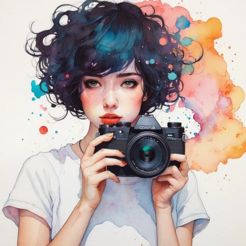 camera illustration,a girl with a camera,camera drawing,photo painting,artist color,colorful life,coloristic,watercolor background,adobe photoshop,colourist,watercolor blue,colorful background,watercolor,water colors,photog,pop art girl,watercolor painting,colorist,color picker,cmyk,Illustration,Paper based,Paper Based 19