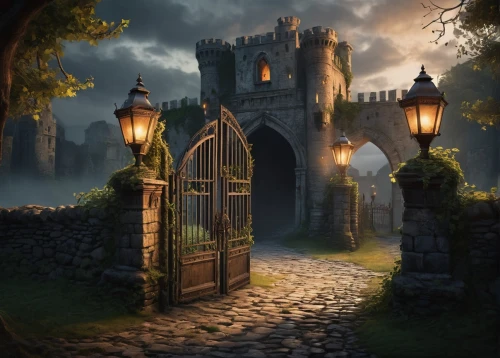 blackgate,fantasy picture,stone gate,iron gate,the threshold of the house,ravenloft,fantasy landscape,gatehouses,shadowgate,castle of the corvin,doorways,riftwar,village gateway,heaven gate,beleriand,threshhold,haunted castle,briarcliff,witch's house,gateway,Photography,Artistic Photography,Artistic Photography 15