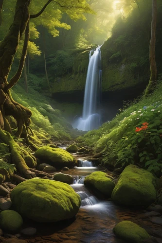 nature wallpaper,green waterfall,nature background,mountain stream,mountain spring,forest landscape,full hd wallpaper,landscape background,nature landscape,windows wallpaper,fantasy landscape,cartoon video game background,moss landscape,waterfall,flowing water,natural scenery,fantasy picture,fairy forest,waterfalls,fairytale forest,Illustration,Realistic Fantasy,Realistic Fantasy 28