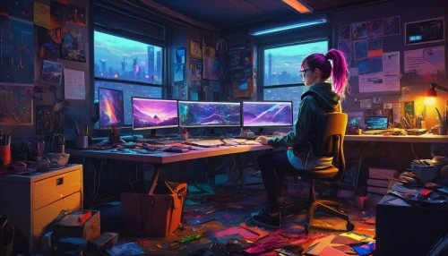 girl at the computer,cyberpunk,girl studying,computer room,computer addiction,computer,cyberscene,workspace,computer art,desk,computer freak,study room,world digital painting,computer workstation,cyberpunks,playing room,cybercafes,working space,the little girl's room,computer graphic,Art,Artistic Painting,Artistic Painting 30