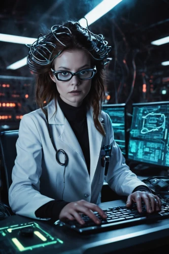 female doctor,cosima,ship doctor,technologist,theoretician physician,cyber glasses,neurologist,docteur,neuroscientist,cybertrader,electrophysiologist,neurosurgeon,holtzmann,computerologist,cryptologist,cryptographer,irisa,cybernetically,cypherpunk,cybernetics,Conceptual Art,Sci-Fi,Sci-Fi 13