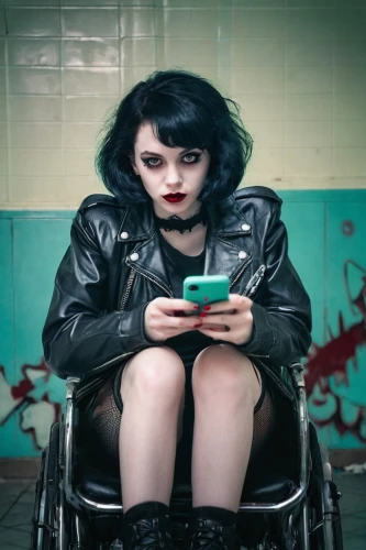 goth woman,abled,woman holding a smartphone,tairrie,wheelchair,disabilities,wheel chair,woman sitting,disability,wheelchairs,texting,disablement,disabled person,cypherpunks,girl with a wheel,disabled toilet,cyberpunks,internet addiction,accessibility,girl sitting,Conceptual Art,Sci-Fi,Sci-Fi 29
