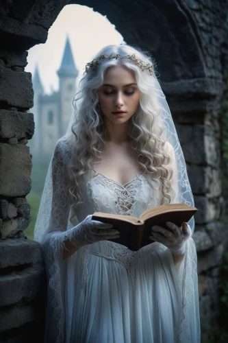 white rose snow queen,cosette,evanna,blonde woman reading a newspaper,bluestocking,galadriel,havisham,bibliophile,white lady,blonde in wedding dress,mystical portrait of a girl,storybook,noblewoman,fairytales,peignoir,bookish,margaery,fantine,the bride,ellinor,Art,Classical Oil Painting,Classical Oil Painting 28